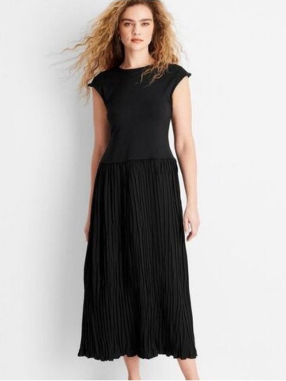 Future Collective Black Cap-Sleeve Pleated Midi Dress